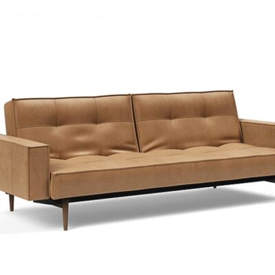 Splitback king single sofa bed with fabric arms and dark styletto legs - innovation living