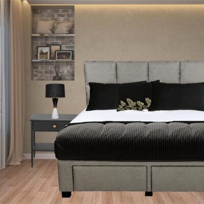 Boxy custom upholstered bed with choice of storage base