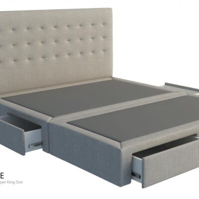 Tuck custom upholstered bed head with choice of storage base